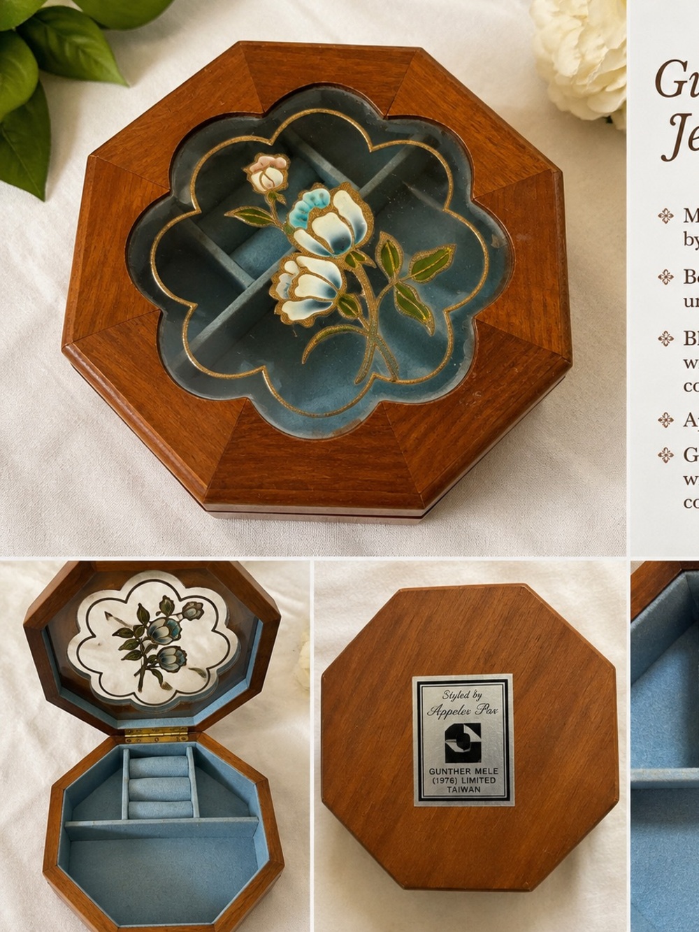 Vintage 1976 Gunther Mele Octagonal Wood Jewelry Box – Floral Lid